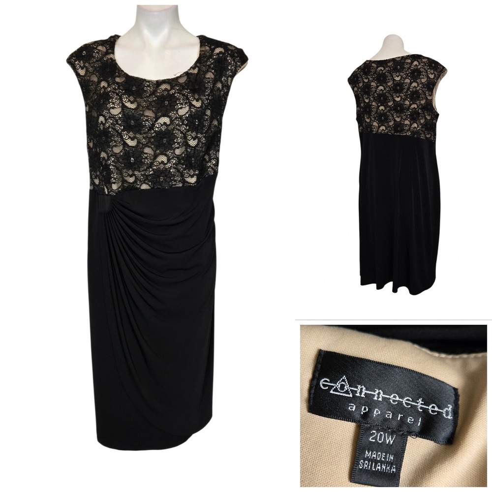 Connected Apparel Black Lace Ruched Sheath Dress 20W TCM70379L